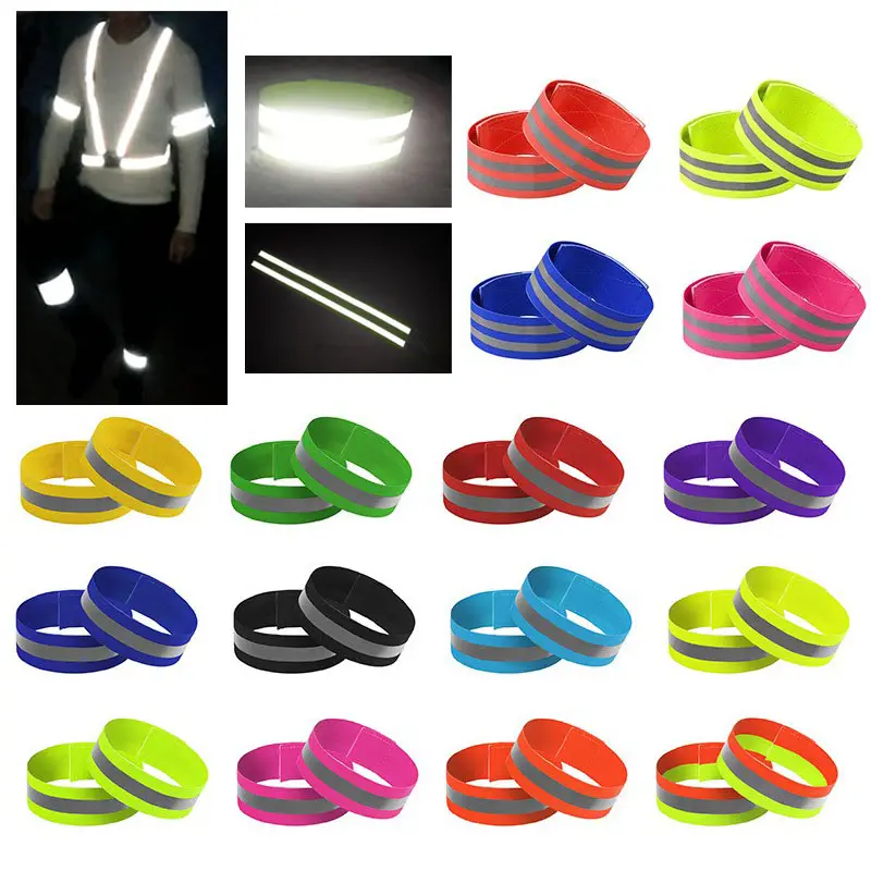 wholesale unisex adjustable night outdoor sport high visible ankle wrist reflective elastic strap arm band with reflecting tape