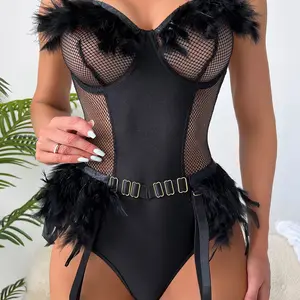 Yeni stiller örgü tüy seksi linghollow hollow out tek parça dantel kadın iç çamaşırı balık ağı bodysuit sling lingunderwear