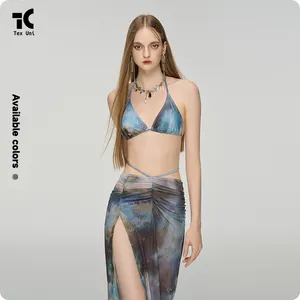 Instagram Rendering Printing Waist Strap 4 Pcs Sets Long Sleeve Top High Slit See-Through Skirt Hot Girl Sexy Swimwear