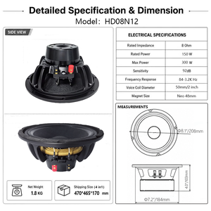 LS HD08N12 Altoparlante Mid-Bass da 8 Pollici <span class=keywords><strong>16</strong></span> <span class=keywords><strong>Ohm</strong></span> al Neodimio, Alta Sensibilità 92dB, Woofer Audio Professionale 150W AES, Guscio in Metallo per Line Array - Product Image 3