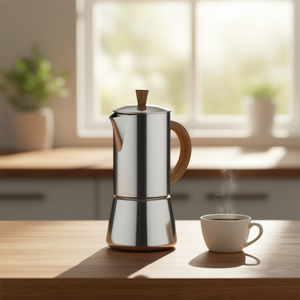 Cafetière à expresso Cilio Figaro 6 tasses en acier inoxydable avec poignée en bois, type Moka - Product Image 3