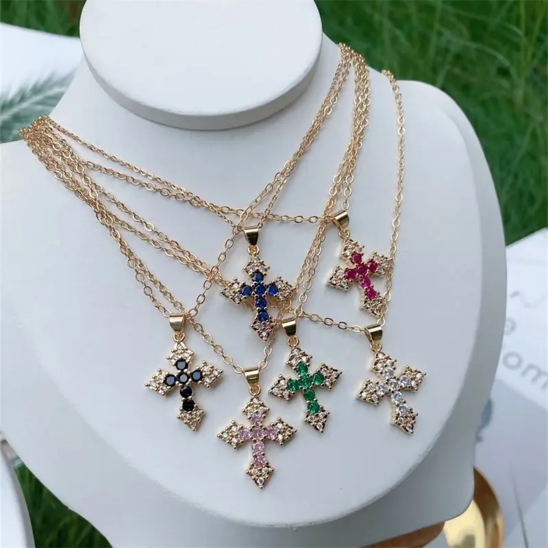 New Coming Multi Color Cubic Zirconia Stone Gold Plated Christian Cross Pendant Religious Necklace