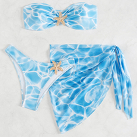 Vrouwen strapless bikini driedelige set zeesterprint decor doorschijnende mesh rok sexy strandbadkleding grensoverschrijdende groothandel