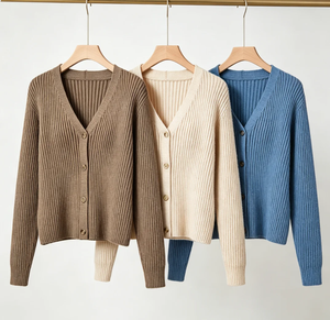Cárdigan de punto acanalado vertical con cuello en V <span class=keywords><strong>para</strong></span> mujer, color camel liso, manga larga, abotonado, corte ajustado, estilo minimalista <span class=keywords><strong>para</strong></span> el día a día - Product Image 2