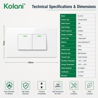 Indikator LED Hijau Kolani, Saklar Lampu Dinding 2 Gang Tahan Lama, Modul Ganda 120, Pemasangan Tersembunyi, 16A 250V IP20, Panel PC Putih Mengkilap