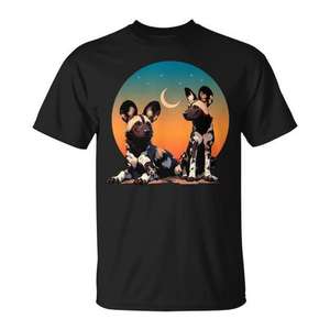 Camiseta con estampado de perros salvajes africanos, puesta de sol y luna, para amantes de la vida silvestre - Product Image 1