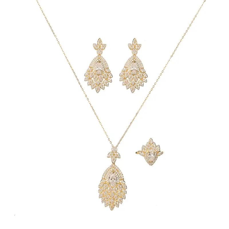 High Quality Fashion Daily 3 Pcs Earrings Ring Jewelry Sets Gold Plated Micro Pave Cubic Zircon CZ Geometric Necklace Set Wo