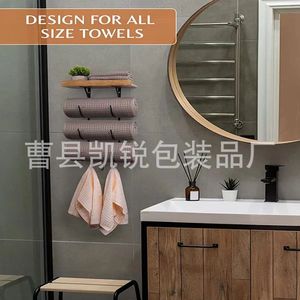 Iron And Wood Wall Mounted Towel Rack 3 <b>Bars</b> Organizer <b>Shelf</b> For Bathroom Storage - Product Image 2