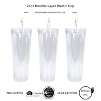 Nouveau Gobelet en plastique perforé double paroi de 24 oz avec couvercle plat, transparent, pour bureau, avec paille, design personnalisé, anti-fuite, pour le commerce transfrontalier