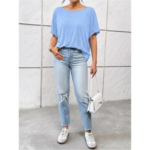 T-shirt femme FOXA dos nu à nœud torsadé, coupe oversize, couleur unie, manches courtes, épaules tombantes, haut décontracté en tissu jersey respirant - Product Image 4