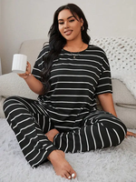 Piyama Wanita Bergaris Katun Jersey Set Kaos dan Celana Ukuran Besar Multiwarna Santai Nyaman Bernapas Pakaian Rumah Loungewear Grosir