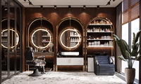Mobilier de salon de luxe pour hommes, conception intérieure personnalisée pour salon de coiffure avec vitrines de présentation, fabrication