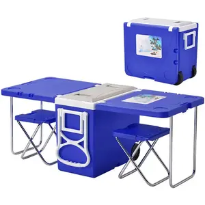 Desain baru multifungsi kotak pendingin besar kotak pendingin terisolasi profesional dengan meja dan kursi untuk berkemah