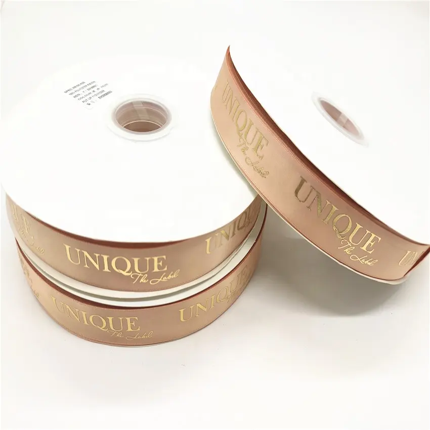 Quick delivery custom logo puff raised gold foil printed satin ribbon for luxury wrapping