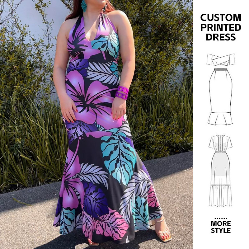 Aschulman Oem Odm Sleeveless Elegant Printing Ladies Tropical Island Casual Maxi Halter Hawaiian Dresses Plus Size