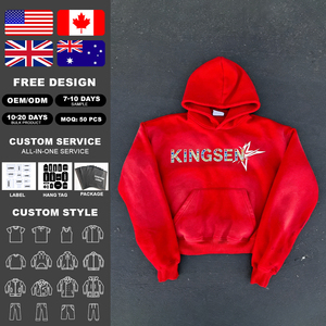เสื้อฮู้ดดี้ผู้ชายสไตล์สตรีทแวร์แบบสั่งทำพิเศษ 350 500gsm ผ้าฝ้ายหนานุ่ม ซันเฟด แขนยาวปกติ ตัดสั้น ล้างสีแบบแอซิด ประดับคริสตัล - Product Image 2