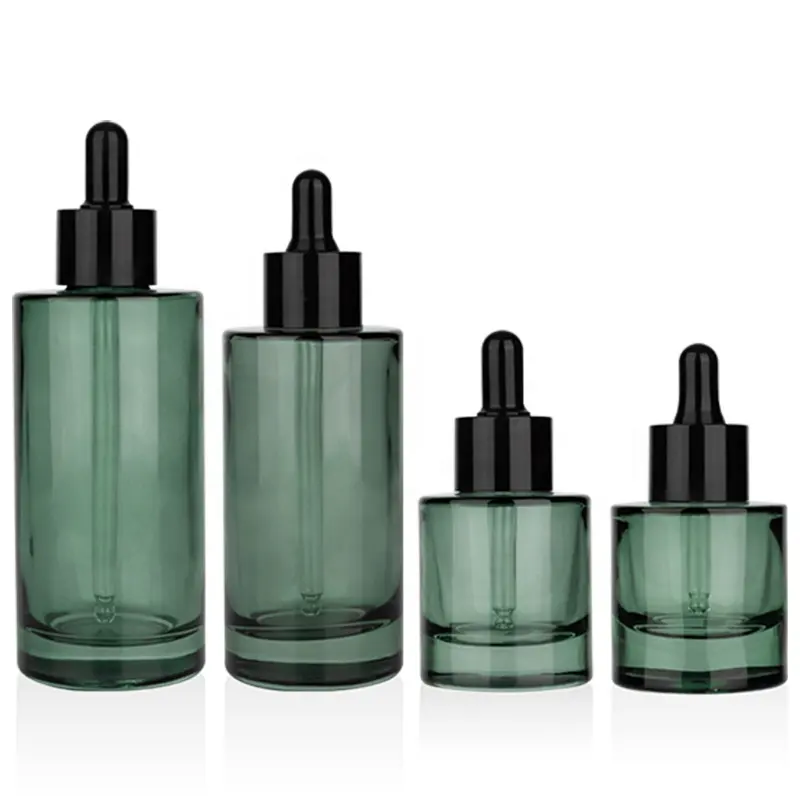 Botol penetes kaca Serum cair murni minyak rambut transparan hijau khusus dengan kerah plastik hitam dan kepala karet untuk perawatan kulit