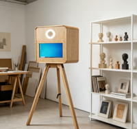 Photomaton professionnel à double tonalité avec écran tactile en bois, éclairage annulaire LED et trépied réglable pour location d'événements et mariages