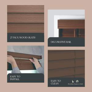 ستائر فينيسية أفقية صغيرة بدون حبال من البوليستر بمظهر الخشب مقاس 2 بوصة للتركيب على النوافذ - Product Image 3