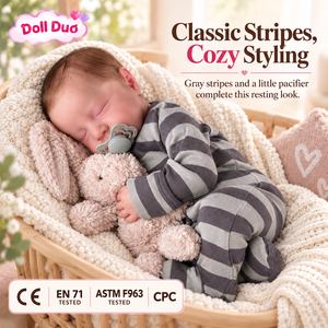 DollDuo 18 inch <b>Silicone</b> <b>Reborn</b> Baby Doll Sleeping Grey Stripe Romper Pacifier Custom Hand Painted Christmas Gift for Kids - Product Image 2