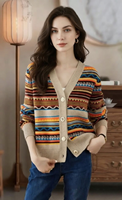 Cardigan tricoté vintage à rayures et col en V, polyvalent, amincissant et flatteur pour la silhouette, convient à tous.