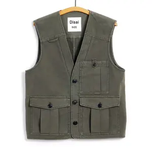Custom green cargo pockets vest slim fit mens utility vest casual trendy outdoor denim utility work vest for men
