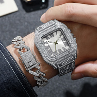 Ensemble de bijoux bling-bling avec montres Iced Out, bracelet chaîne maille cubaine, collier ras-du-cou, pour cadeau de mari, coffret cadeau montre Hip Hop