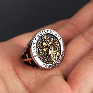 Punk Biker Christian Cross Statement Siegelringe St Christopher Schützen Sie uns Ring für Männer Edelstahl Religiöser Amulett ring - Product Image 6