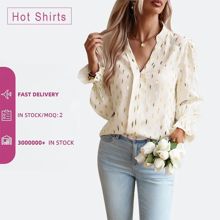 Wholesale Customized Elegant Comfortable Tops v Neck Hundred Long Sleeve Shirt.