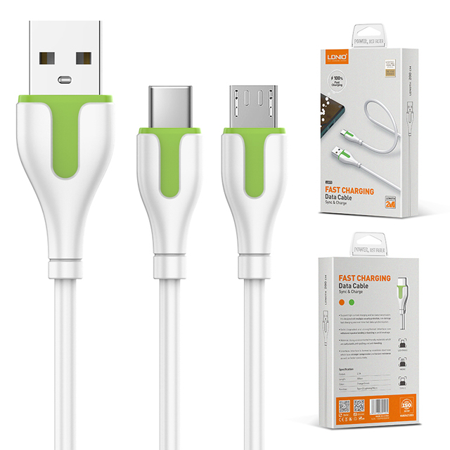 LDNIO Wholesale LS571 USB Type C IOS Fast Charging Cable 2.1A USB to 8PIN Micro Type-C Phone Charger Date Cable for IPhone