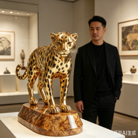 Sculpture géante en fibre de verre Léopard Doré - Statue artistique électroplaquée sur mesure - Sculpture animale grand format pour intérieur/extérieur - Imprimée en 3D