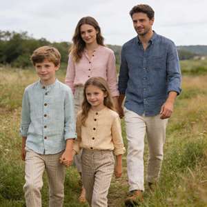 Ensemble de chemises en lin assorties pour la famille, en coton et lin écologiques, OEM ODM, hommes, femmes et enfants, couleurs naturelles, chemises boutonnées décontractées - Product Image 1