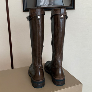 Women's Dark Brown Leather Equestrian <b>Boots</b> with Buckle Strap Low Heel Round Toe Riding Style Knee High Footwear - Product Image 1