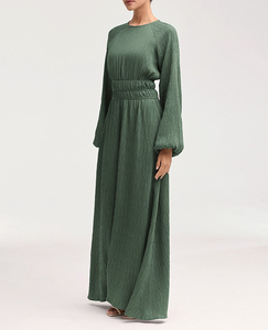 ชุดเดรสยาวเอวสูงของผู้หญิงมุสลิมสไตล์เรียบง่ายชุดเดรสแขนโคมไฟชุดยาวผ้าชีฟองลายนูนเอวธรรมชาติแฟชั่นเรียบง่าย - Product Image 2