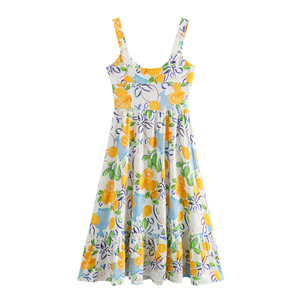 Abiti Casual estate abito Midi per le signore Sexy U collo senza maniche limone abito floreale - Product Image 6