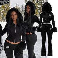 Ensemble de vêtements de détente pour femmes en 2 pièces avec veste à capuche en polaire chaude et pantalon en coton et élasthanne à manches longues, noir, logo personnalisé