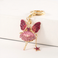 Porte-clés pendentif en alliage de zinc avec strass, motif aile de papillon, fée, ange, danseuse de ballet, cristal scintillant, pour femme, avec mousqueton