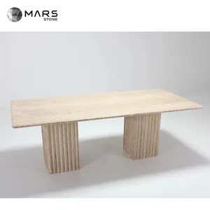 Custom Furniture Natural Stone Light Beige Travertine Marble Dining Tables With Chairs