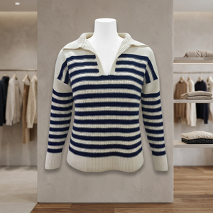 Pull en tricot rayé pour femme, col en V, manches longues, coupe ample, automne hiver - Product Image 3