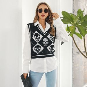 الجمجمة الأصلية هالويين الجاكار السترة بلا أكمام الجمجمة السوداء سترة الماس حرف كتلة اللون سترة محبوك للنساء - Product Image 4