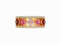 18K Gold Rosa Saphir Blumen- & Naturdiamant Pavé Breiter Bandring Luxuriöser Statement-Schmuck für Frauen Motiv Hohl Mehrfarbig