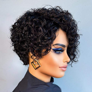 Perruques de cheveux brésiliens bouclés crépus Pixie Cut perruques bouclées à couches courtes pour femmes noires avec une <span class=keywords><strong>frange</strong></span> complète sans colle faite à la machine - Product Image 2