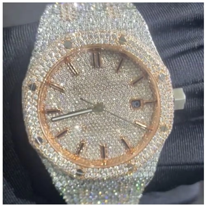 Montre de luxe pour homme, analogique, 25 mm, avec diamants Moissanite VVS, double rangée de pierres serties, bracelet en acier inoxydable, mouvement mécanique ETA, chronographe - Product Image 5
