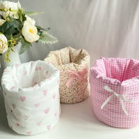 Panier de rangement cylindrique en tissu avec nœud mignon, imprimé floral à carreaux, organisateur de cosmétiques et de petits objets pour bureau et chambre
