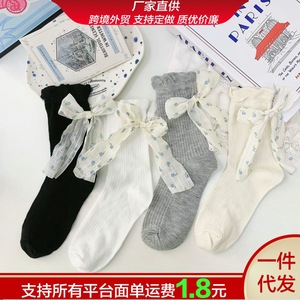 Women's Mid-Calf <b>Socks</b> With Floral Bow Knot Breathable Slouch <b>Socks</b> In Black White Gray Milky White For Youth 18-40 Years Old - Product Image 5
