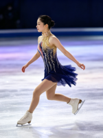 Robe de patinage artistique bleu marine et or, dos large ouvert, ornée de strass, pour la compétition et la performance