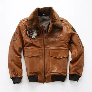 Custom winter Indian G1 bomber genuine leather men's embroidered vegetable tanned orange black sheepskin jacket