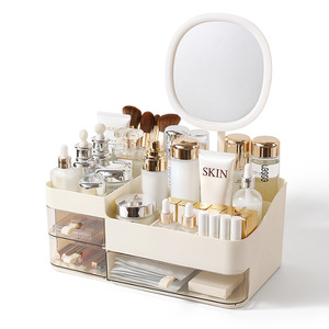 Cosmetic <b>Storage</b> <b>Box</b> Desktop Organizer With Drawers Large Capacity <b>Makeup</b> <b>Storage</b> Cabinet Cream White With Mirror - Product Image 4
