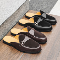 Sepatu Loafer Kulit Dua Warna Pria dengan Dekorasi Logam Emas, Tanpa Tumit, Model Slip On, Setengah Sandal, Kasual, Sepatu Datar untuk Kantor dan Kegunaan Sehari-hari