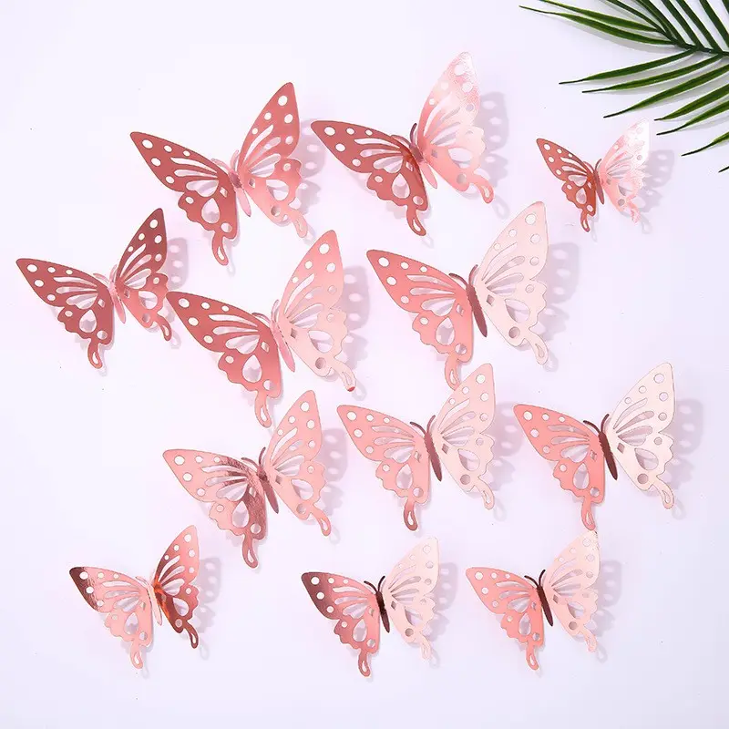 12 Pcs 3D Oco Colorido Borboleta Série Adesivos de Parede para Festa & Feriado Decoração de Parede Do Partido Vara